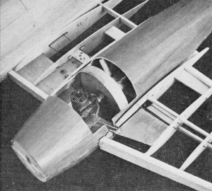 Gloaster Meteor F Mk.8 Control Line Model, Engine sits on an aluminum plate sandwiched in a plywood mount, January 1974 American Aircraft Modeler - Airplanes and Rockets
