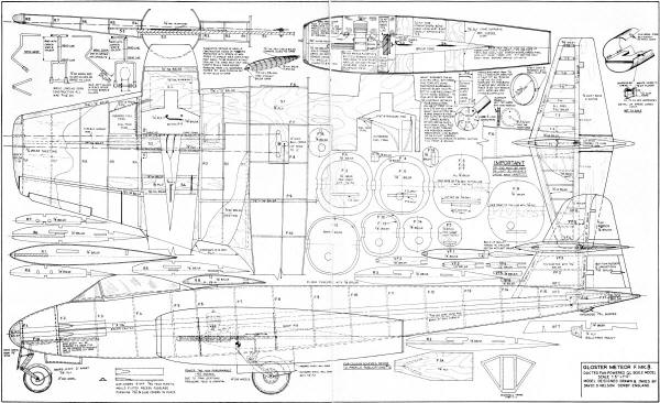 Gloaster Meteor F Mk.8 Control Line Model, Scanned Plans, January 1974 American Aircraft Modeler - Airplanes and Rockets