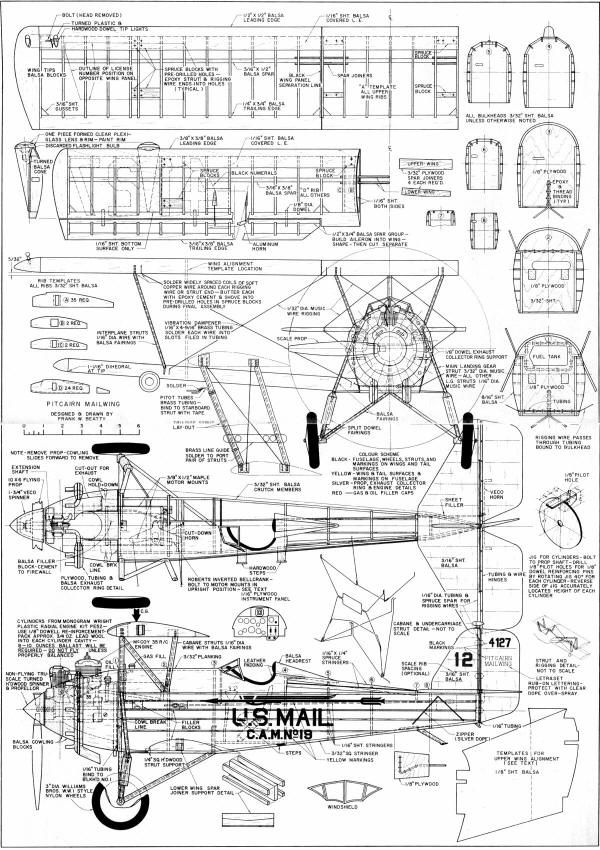 Pitcarain Mailwing Plans from August 1968 American Aircraft Modeler - Airplanes and Rockets
