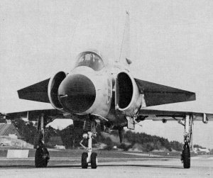 Saab A37 Viggen. From brakes off to 36,000 ft. takes two minutes. Landing speed is about 137 mph - Airplanes and Rockets