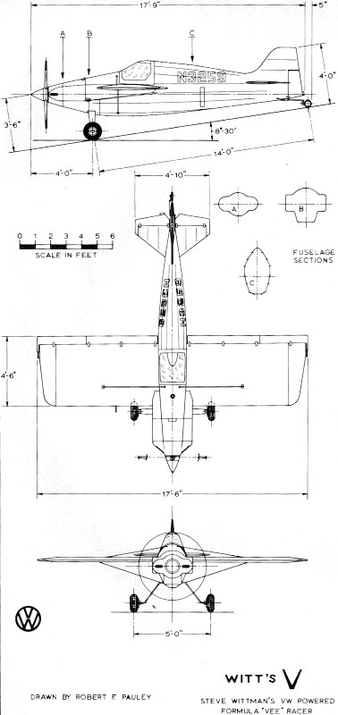 "Witt's V" Formula Racer, 3-View Drawing - Airplanes and Rockets