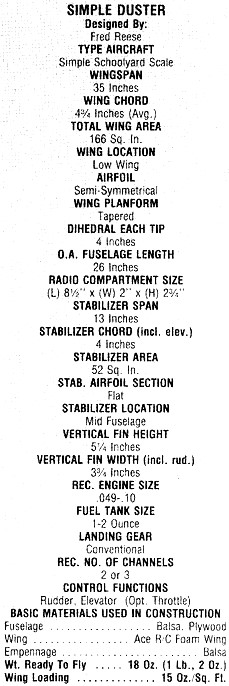 Simple Duster Specifications - Airplanes and Rockets