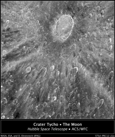 This mottled landscape showing the impact crater Tycho is among the most violent-looking places on our Moon. Credit: NASA/ESA/D. Ehrenreich 