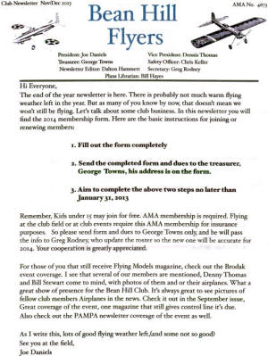 Bean Hill Flyers, Page1, November/December 2013 Newsletter - Airplanes and Rockets