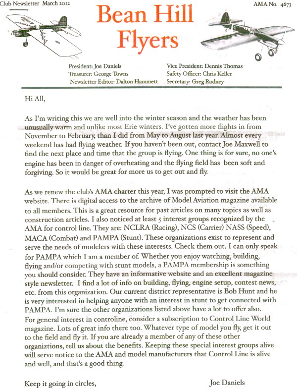 March 2012 Bean Hill Flyers Newsletter (page 1) - Airplanes and Rockets