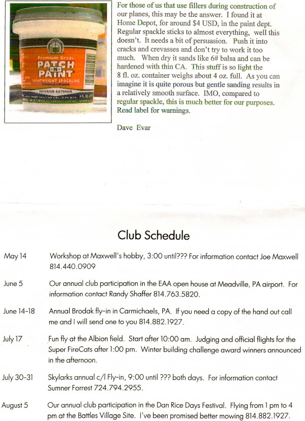 May 2011 Bean Hill Flyers Newsletter (page 2) - Airplanes and Rockets