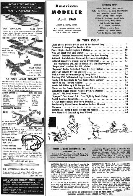 Table of Contents, April 1960 American Modeler - Airplanes and Rockets
