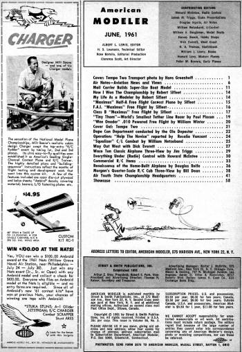 Table of Contents for June 1961 American Modeler - Airplanes and Rockets
