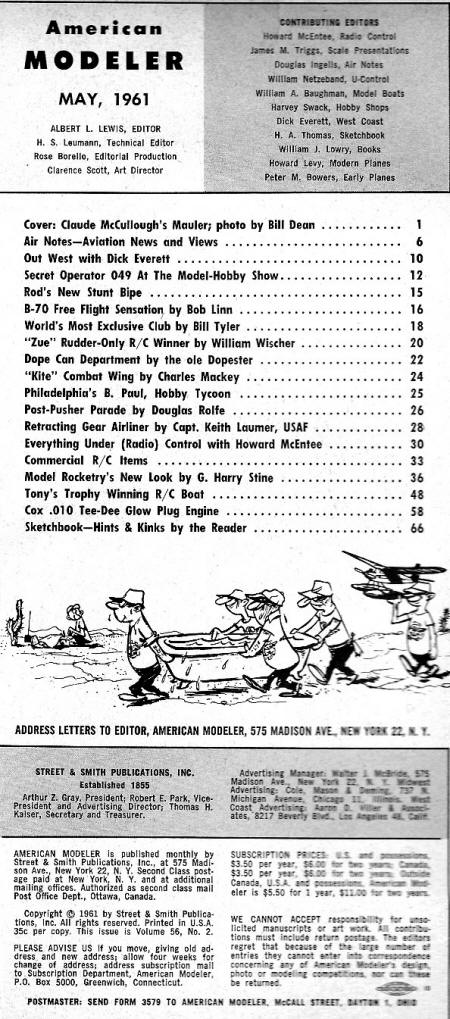 Table of Contents for May 1961 American Modeler - Airplanes and Rockets