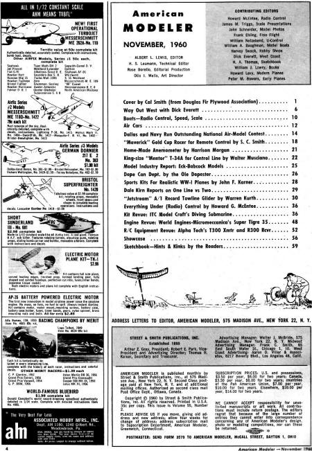 Table of Contents, November 1960 American Modeler - Airplanes and Rockets