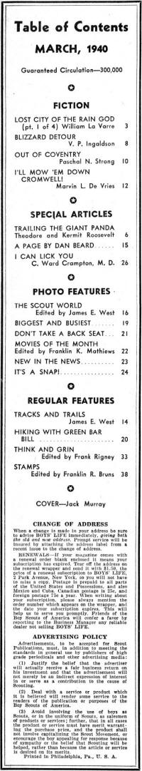 Table of Contents for March 1940 Boys' Life - Airplanes and Rockets