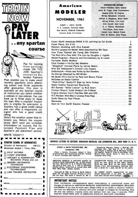 Table of Contents for November 1961 American Modeler - Airplanes and Rockets