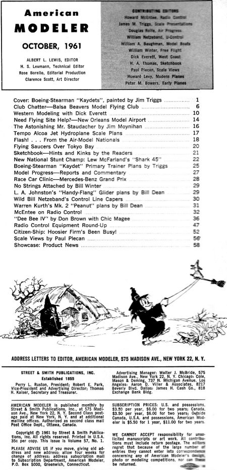 Table of Contents for October 1961 American Modeler - Airplanes and Rockets