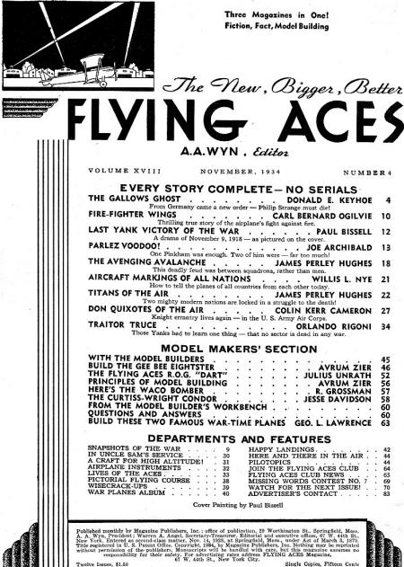 Table of Contents for November 1934 Flying Aces - Airplanes and Rockets