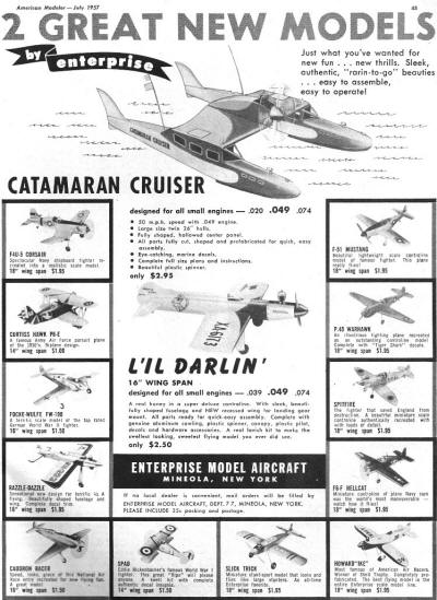 Enterprise Model Aircraft Advertisement advertisement from the July 1957 edition of American Modeler - Airplanes and Rockets
