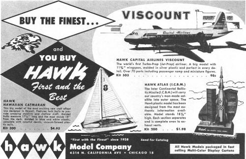 Hawk Model Company advertisement in June 1957 American Modeler magazine - Airplanes and Rockets