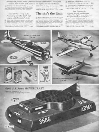 Boeing P-26 Peashooter, Kingcobra, SN-3L Control Line Airplanes form 1966 JCPenny Christmas Wish Book - Airplanes and Rockets