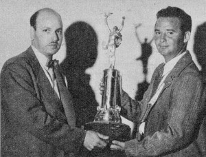 Al Orthof presents Air Trails Pictorial Trophy to "Wally" Wallick, winner of Class VI Speed, Open, November 1946 Air Trails - Airplanes & Rockets