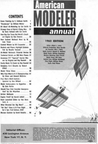1962 American Modeler Annual Edition, Table of Contents - Airplanes and Rockets