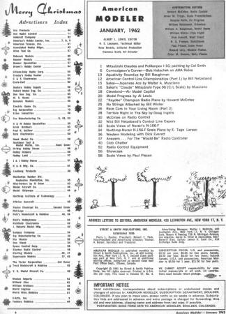 Table of Contents for January 1962 American Modeler - Airplanes and Rockets