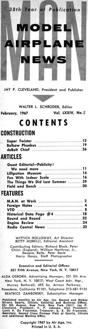 Table of Contents for February 1967 Model Airplane News - Airplanes and Rockets