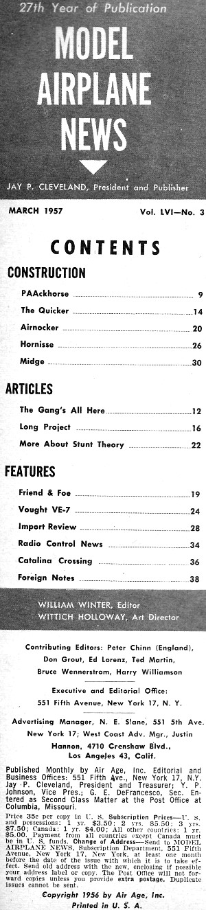 Table of Contents for March 1957 Model Airplane News - Airplanes and Rockets