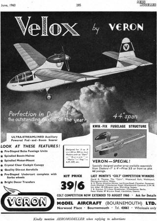 Velox by Vernon Advertisement, June 1960 Aero Modeller - Airplanes and Rockets