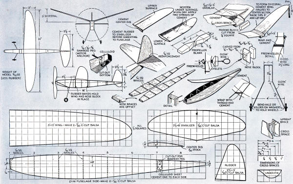 Minute Man Free Flight Rubber Model Airplane Plans - Airplanes and Rockets