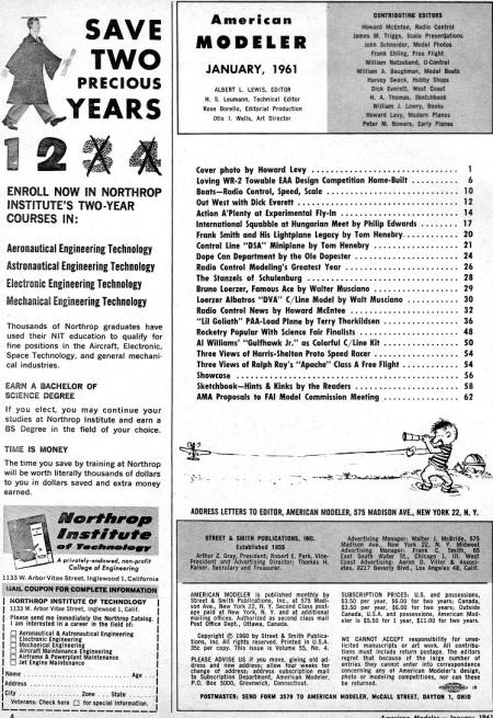 Table of Contents for January 1961 American Modeler - Airplanes and Rockets