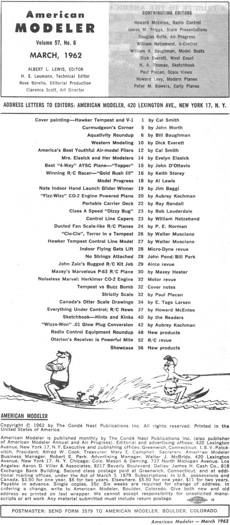 Table of Contents for March 1962 American Modeler - Airplanes and Rockets