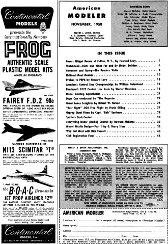 Table of Contents for November 1958 American Modeler - Airplanes and Rockets
