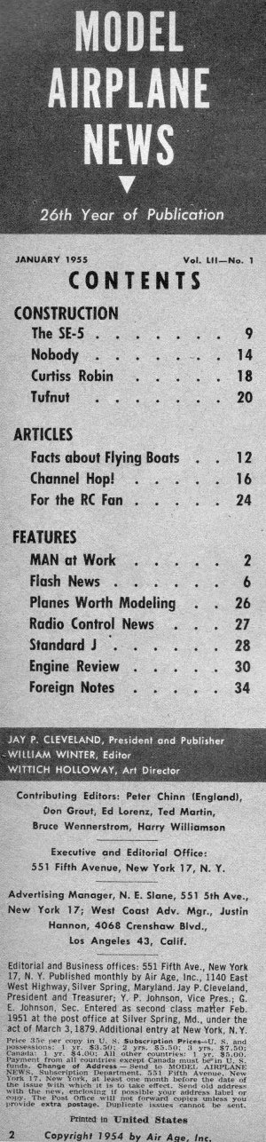 Table of Contents for January 1955 Model Airplane News - Airplanes and Rockets