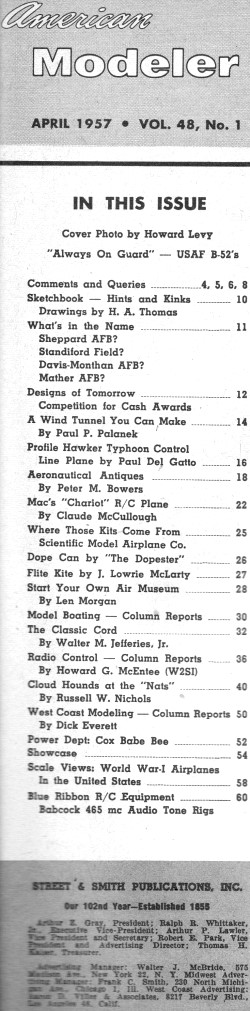 Table of Contents for April 1957 American Modeler - Airplanes and Rockets