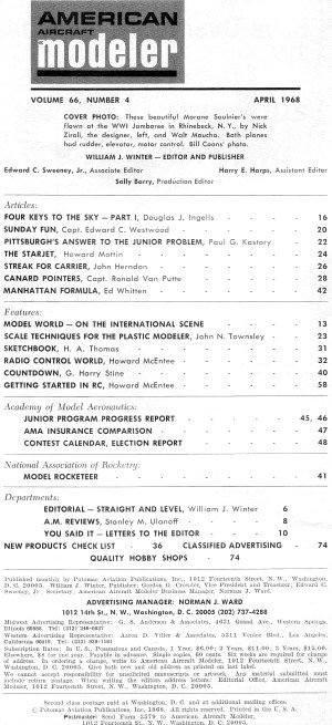 Table of Contents for April 1968 American Aircraft Modeler - Airplanes and Rockets