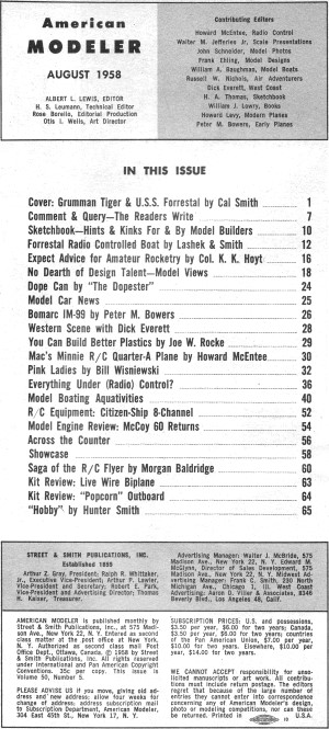 Table of Contents for August 1958 American Modeler - Airplanes and Rockets