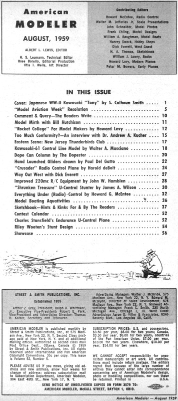 Table of Contents for August 1959 American Modeler - Airplanes and Rockets