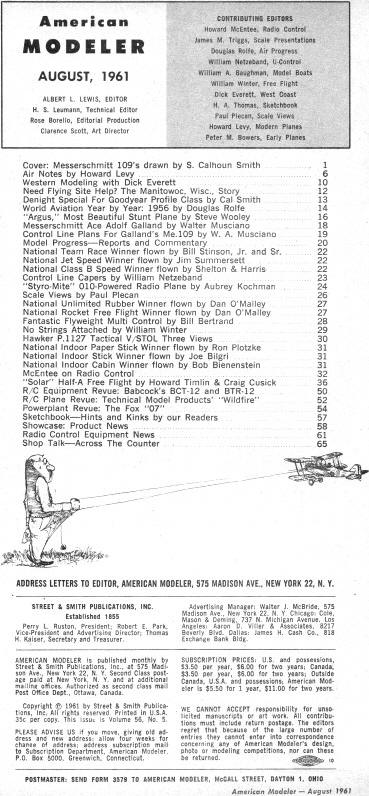 Table of Contents for August 1961 American Modeler - Airplanes and Rockets