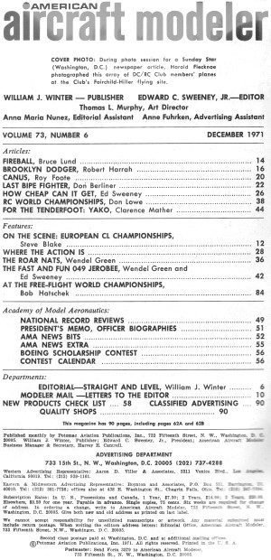 Table of Contents for December 1971 American Aircraft Modeler - Airplanes and Rockets