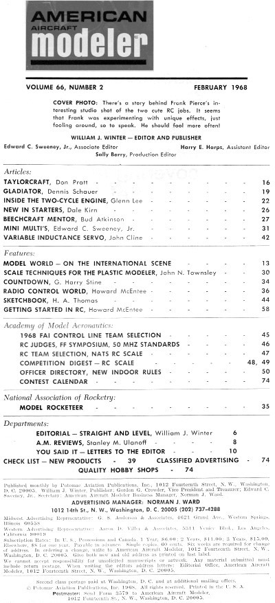 Table of Contents for February 1968 American Aircraft Modeler - Airplanes and Rockets