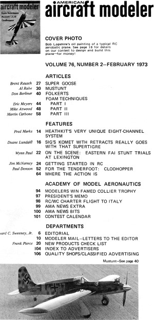  Table of Contents for Febuary 1973 American Aircraft Modeler - Airplanes and Rockets