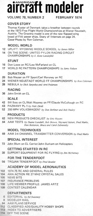 Table of Contents for February 1974 American Aircraft Modeler - Airplanes and Rockets