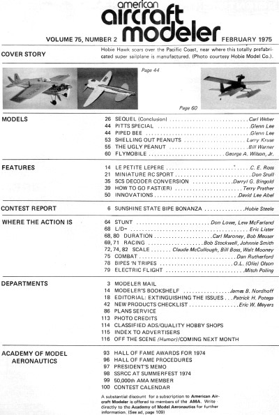 Table of Contents for February 1975 American Aircraft Modeler - Airplanes and Rockets