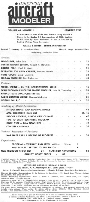 Table of Contents for January 1969 American Aircraft Modeler - Airplanes and Rockets