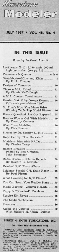 Table of Contents for July 1957 American Modeler - Airplanes and Rockets