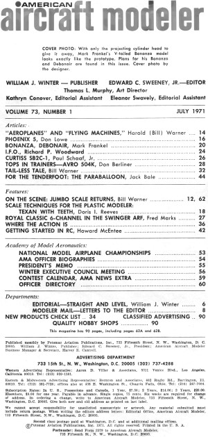 Table of Contents for July 1971 American Aircraft Modeler - Airplanes and Rockets