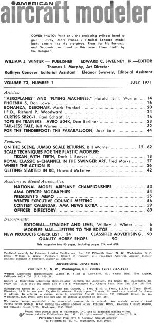 Table of Contents for July 1971 American Aircraft Modeler - Airplanes and Rockets