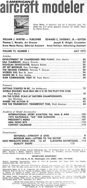 Table of Contents for July 1972 American Aircraft Modeler - Airplanes and Rockets