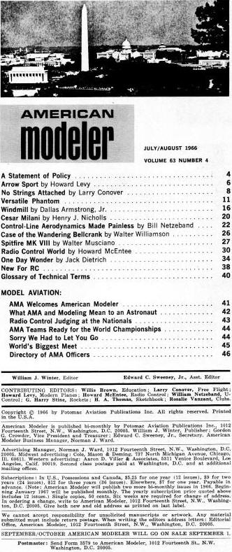 Table of Contents for July / August 1966 American Modeler - Airplanes and Rockets