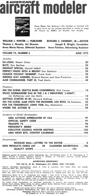 Table of Contents for June 1972 American Aircraft Modeler - Airplanes and Rockets