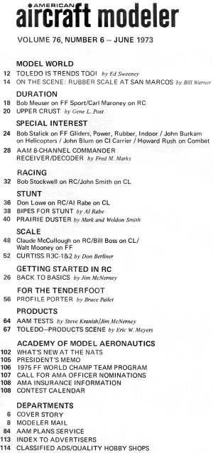 Table of Contents for June 1973 American Aircraft Modeler - Airplanes and Rockets